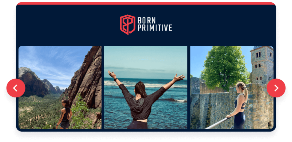 Born Primitive showing customer photos of a mountain, beach, and travel setting of customers using their products
