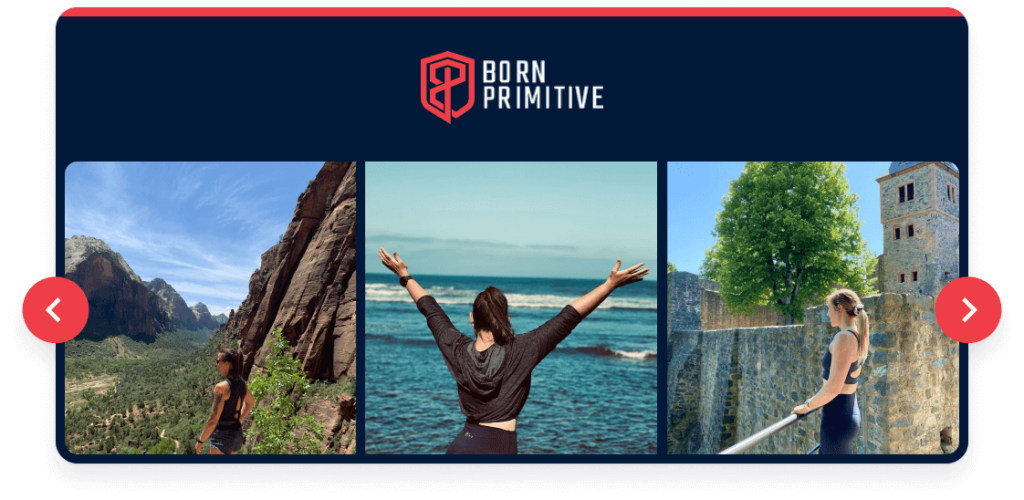 Born Primitive showing customer photos of a mountain, beach, and travel setting of customers using their products