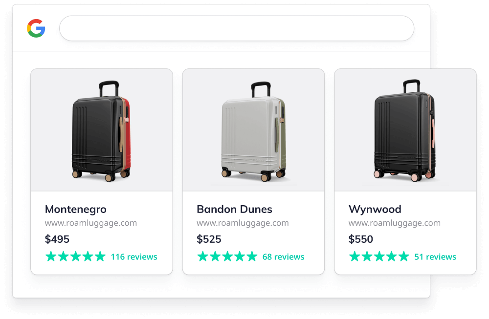 Luggage product listings on Google Shopping showing the aggregate of the product's reviews 