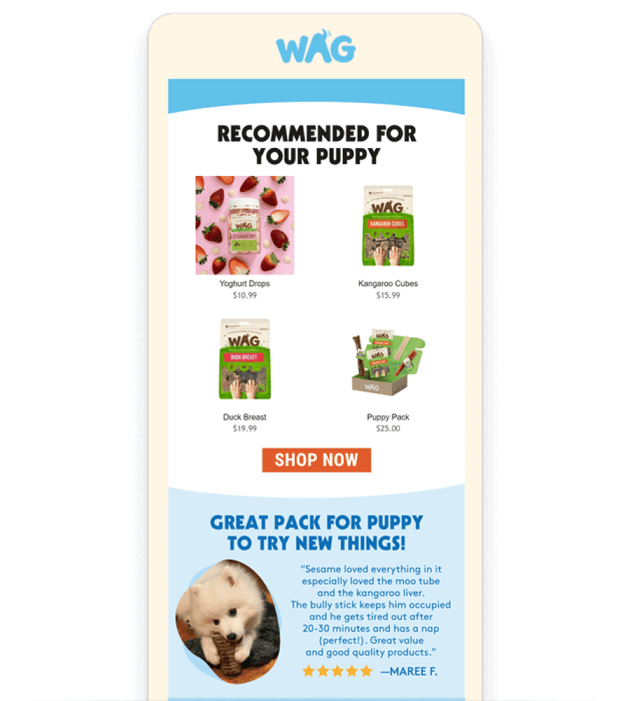 Personalized content for a customer's puppy from WAG