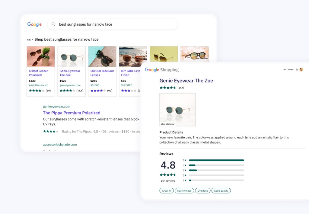 Sunglass products displayed in Google Shopping with product details and reviews 