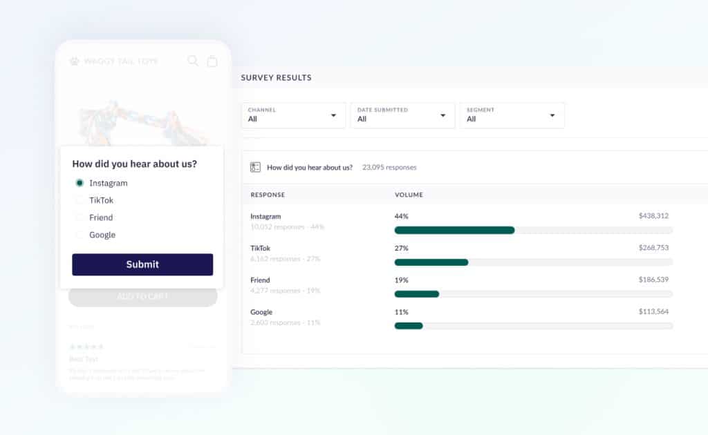 In-moment survey showing a How Did You Hear About Us survey with analytics