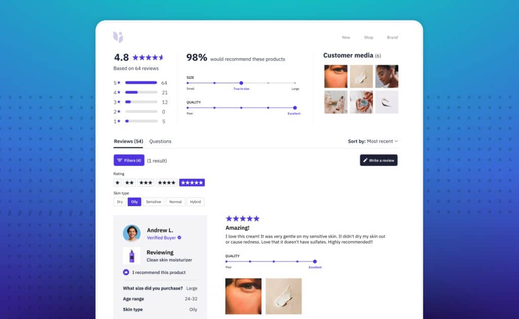 Review filtering by skin tone and type